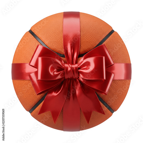 Basketball wrapped with a shiny red gift ribbon and a bow as a sports present isolated on transparent background