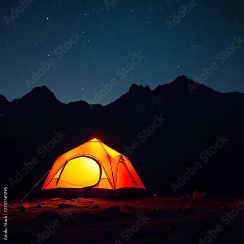 Illuminated orange camping tent stands tall against dark mountains under a starlit night sky, surrounded by twinkling stars, ||camping, wilderness