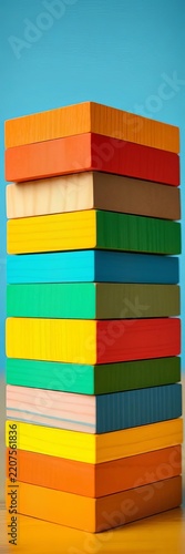 Wooden blocks in bright colors stacked and arranged to form a tower, educational, toys