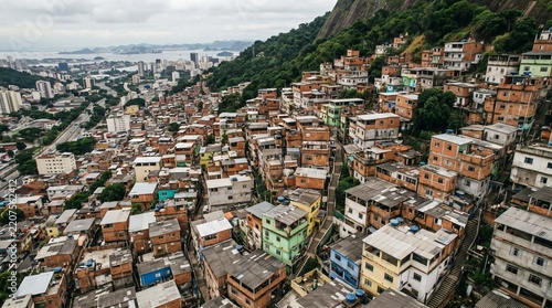 Aerial view of a densely populated favela on a hillside overlooking a modern city and bay