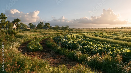 Regenerative vegetable farm with curved rows of crops, lush green foliage, and a rustic farmhouse under a soft sunset sky