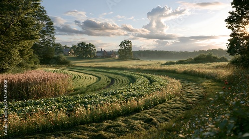 Regenerative farm landscape with curved crop rows, mown hay fields, and distant farmhouse under a soft sunset sky in the countryside