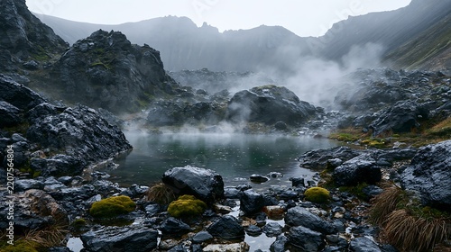 Geothermal pool with rising steam, surrounded by dark volcanic rocks and mossy terrain in a misty mountain landscape