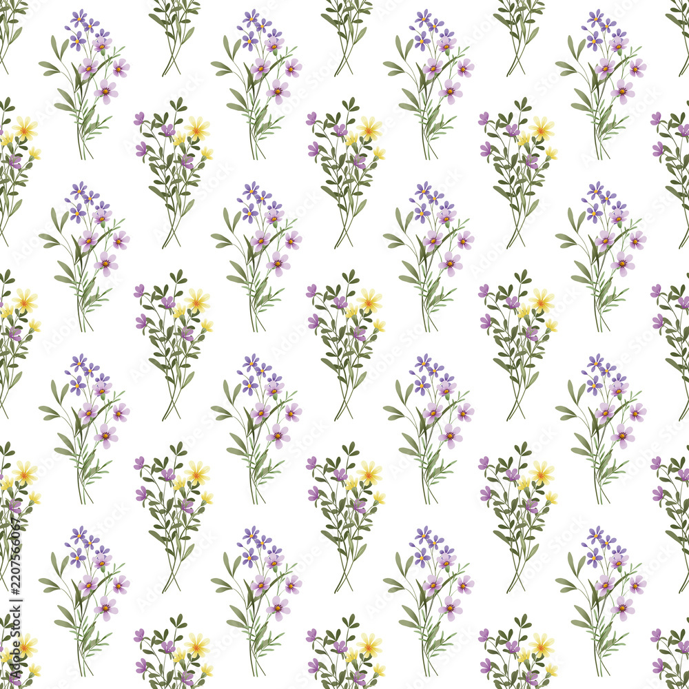 Obraz premium Seamless pattern, floral background, vintage botanical texture with flowers. Perfectly for fabric, wrapped paper, backdrop. Hand drawing.