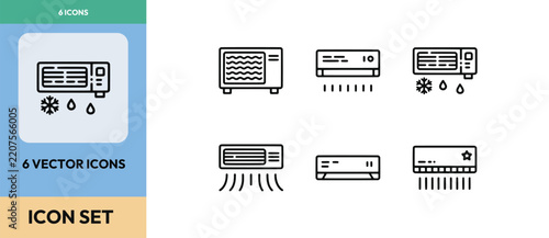 Air conditioner vector icon set showing cooling airflow and climate control