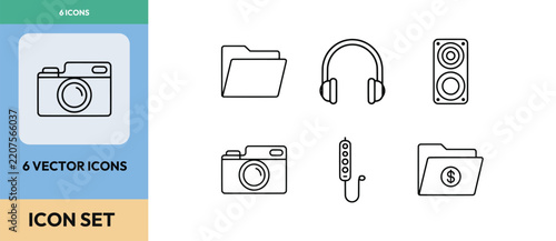 Multimedia and technology vector icon set featuring camera folder and audio gear