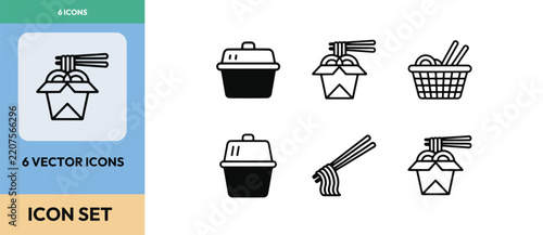 Asian food delivery vector icon set with noodle boxes and takeout containers