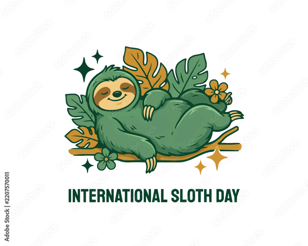 Obraz premium International Sloth Day Vector Art, Adorable Sloth Character Illustration Isolated on White