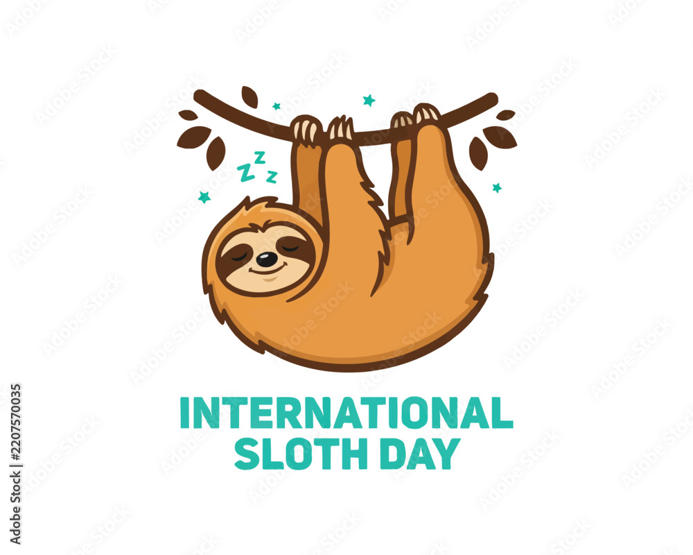 Obraz premium International Sloth Day Vector Illustration, Cute Sloth Animal Celebration Design Isolated on White Background