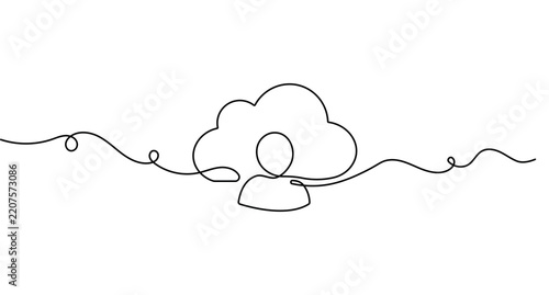 Cloud user line art showing a person user avatar symbol with cloud continuous line drawing and editable stroke isolated on white.
