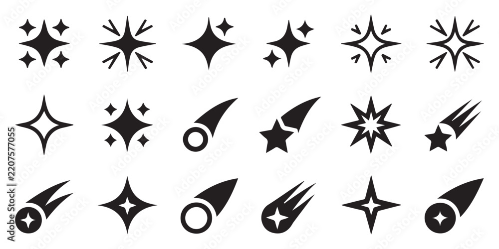 Fototapeta premium Decorative shooting stars and sparkle icons set featuring trailing celestial shapes for comic style motion and magical space visual elements.