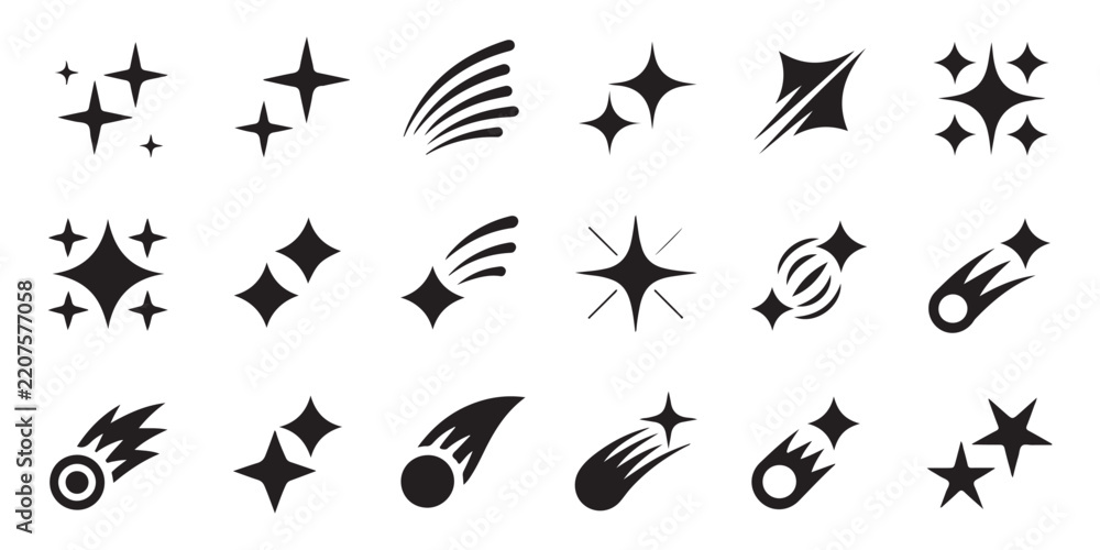 Fototapeta premium Black star and comet silhouette vector icon set containing various twinkling designs spark elements and shooting stars for creative projects.
