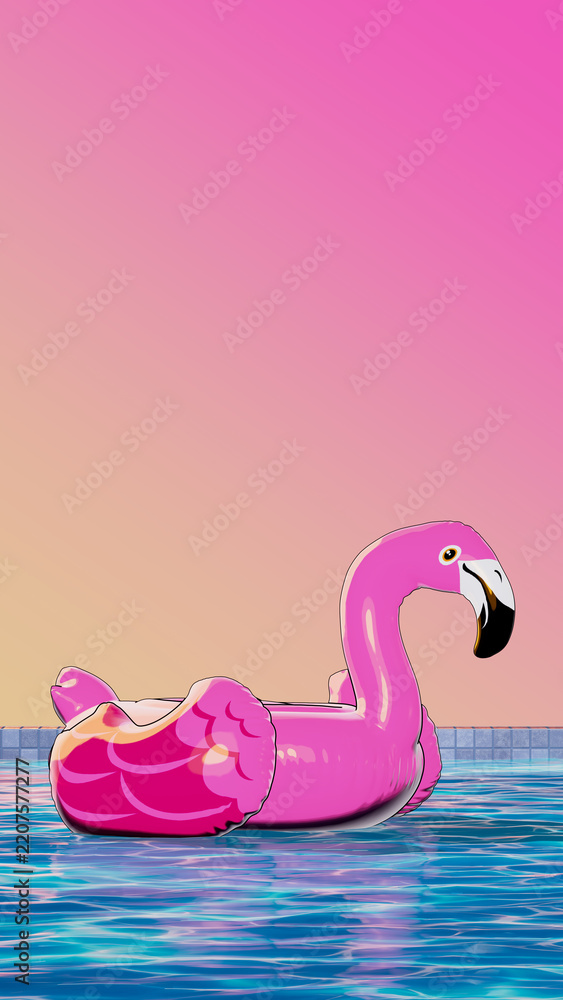Fototapeta premium Inflatable Flamingo in a Swimming Pool - Video Game 3D illustration social media