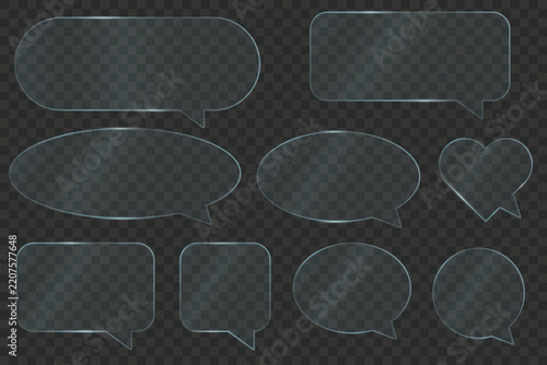 Transparent Glass Speech Bubble Collection with Glossy Reflections, Soft Highlights and Modern Chat Panel Shapes on Isolated Background