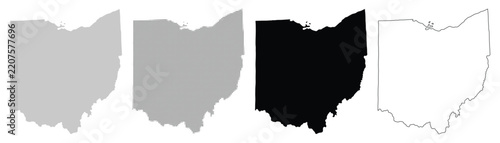 Set of Ohio map icons in various styles. Halftone, flat black, grey and border line country map vector collection.