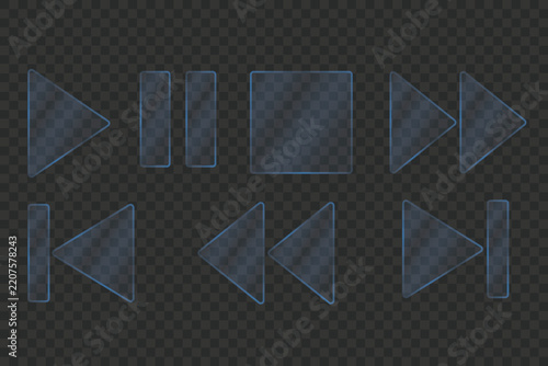 Realistic Transparent Glass Media Control Buttons Vector with Glossy Reflections, Soft Blue Highlights and Futuristic Playback Interface Elements on Isolated Background