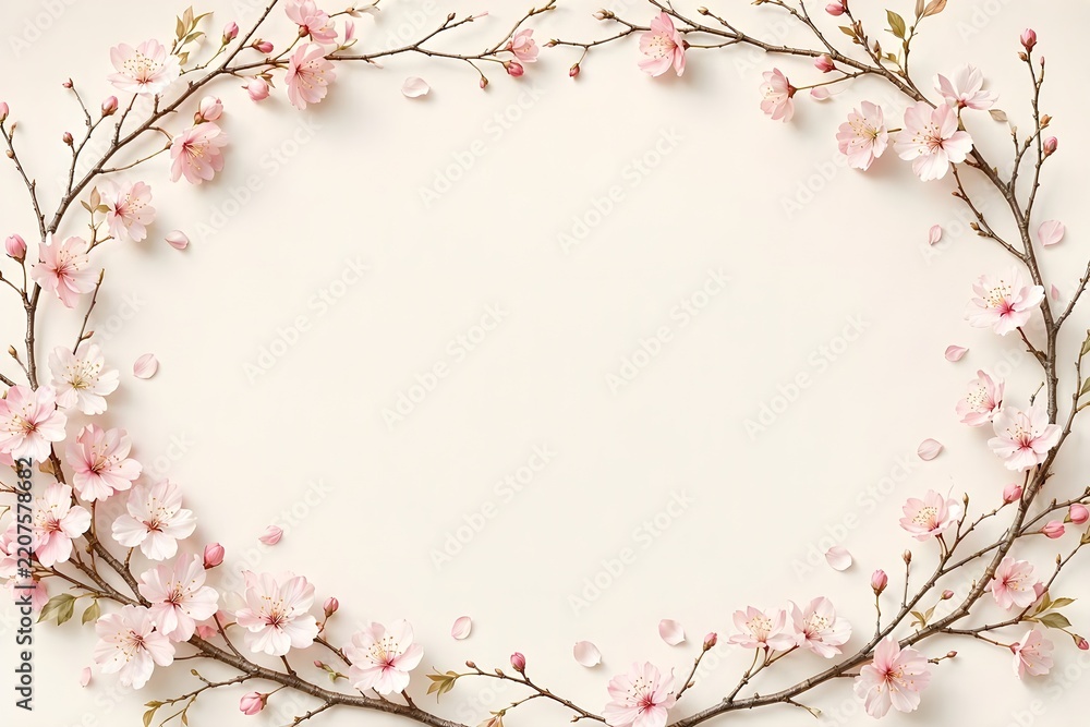 Fototapeta premium Delicate Spring Cherry Blossom Sakura Branches Oval Frame Isolated on Off White Background