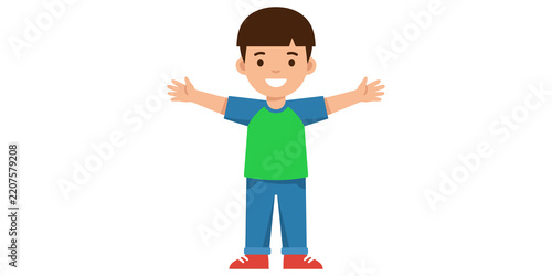 Happy smiling boy in green shirt and blue pants standing with arms wide open, welcoming gesture.
