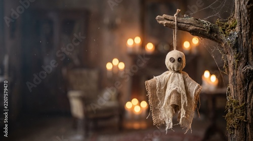 Creepy handmade voodoo doll hanging from a rustic wooden branch inside a dark haunted interior with glowing candlelight