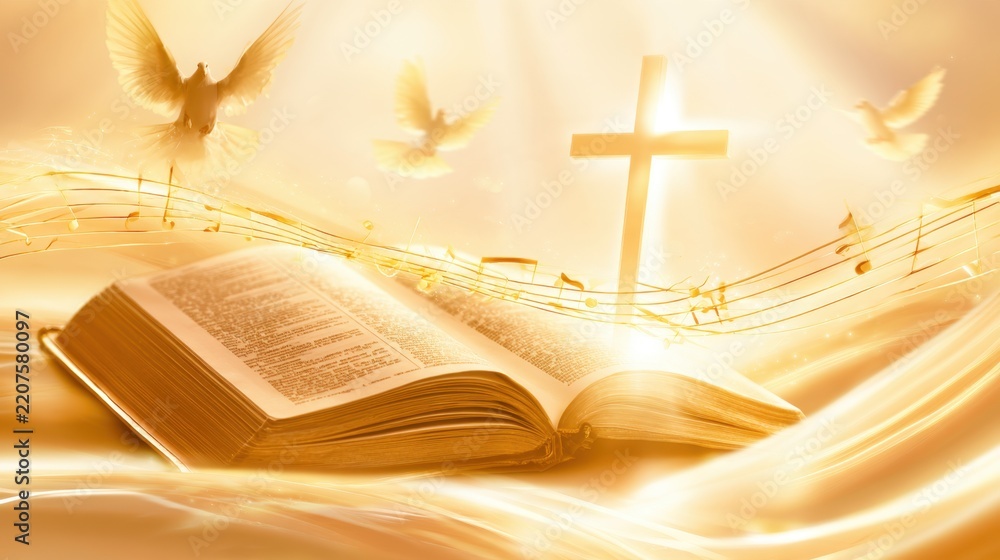 Obraz premium Open book with glowing golden cross and flying bird above musical notes in warm heavenly light background with spiritual atmosphere