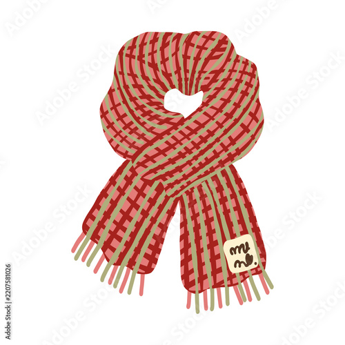 Fotografie Watercolor red and green plaid knitted winter scarf with fringe Christmas illust