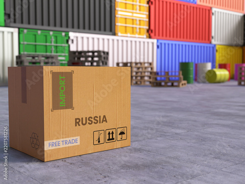 Cardboard Import Box with Russia Text in Front of Stacked Shipping Containers