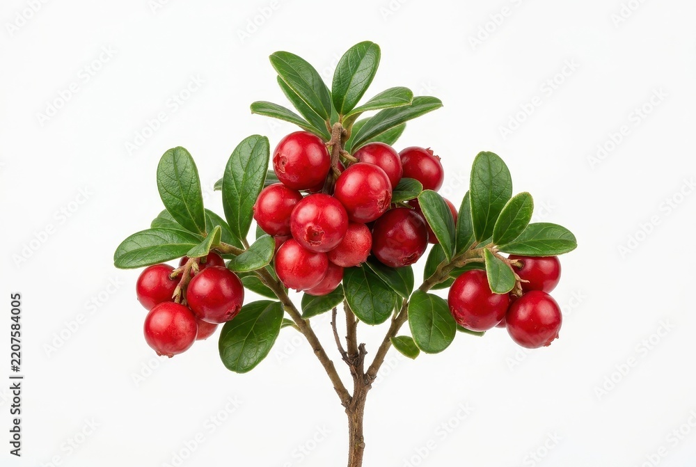 Obraz premium Ripe Red Cowberry or Lingonberry Branch with Green Leaves Isolated on White Background