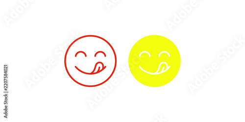 Red outline and yellow filled smiling face with tongue emoticon expressing delicious taste sensation icon.