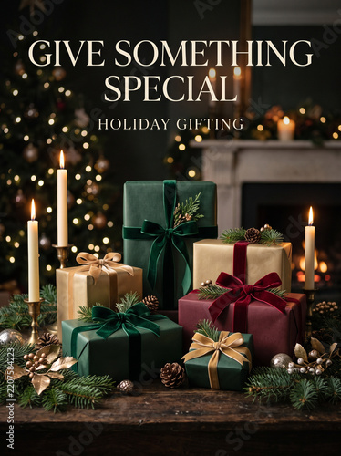 Elegant Christmas Holiday Gift Boxes on a Wooden Table