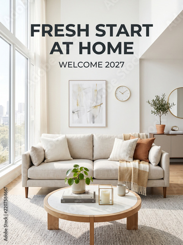 Modern Living Room Interior with Neutral Decor for New Year
