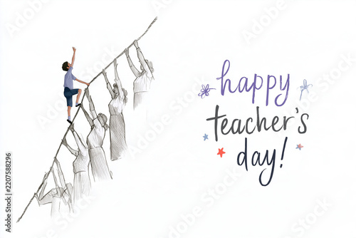 Pencil sketch illustration depicts young student climbing towards success on rope held by female educators for teachers day event.