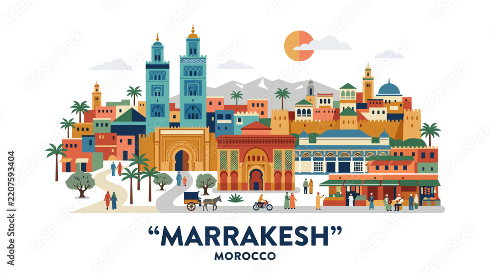 Obraz premium Colorful illustration of Marrakesh cityscape showcasing vibrant architecture and lively streets of Morocco in a detailed