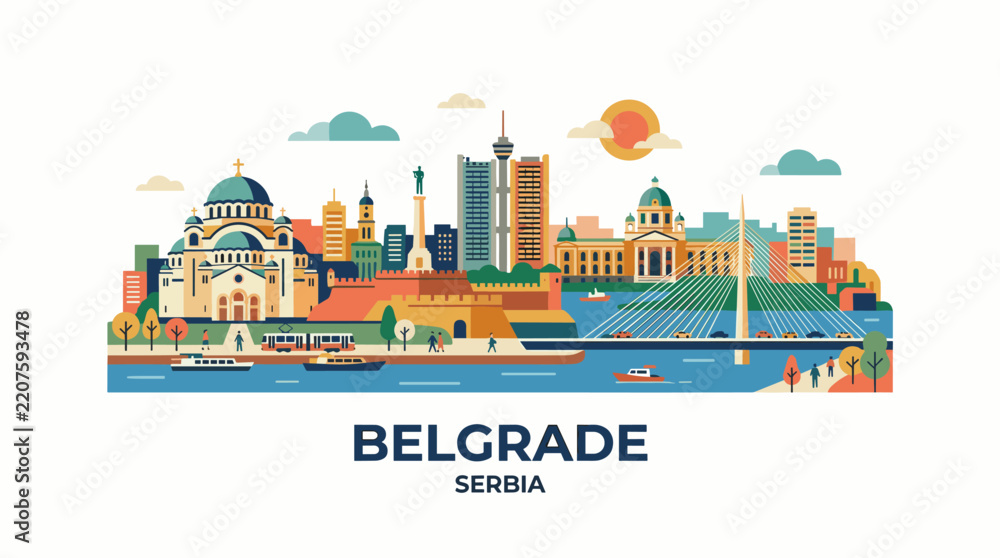 Obraz premium Stylized cityscape illustration of belgrade serbia showcasing iconic landmarks and vibrant urban environment