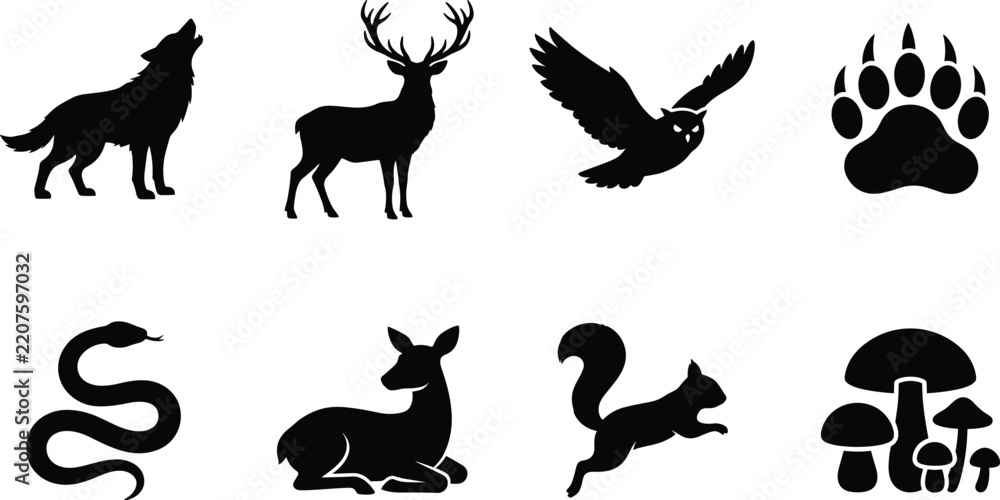 Obraz premium Forest Wildlife Silhouette Collection - Vector Icons Of Wolf Deer Owl And Woodland Animals For Graphic Design