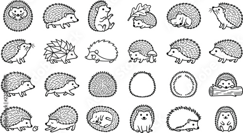 Minimalist black and white hedgehog animal vector icons set for wildlife branding creative ui dashboards and editable graphic layouts.