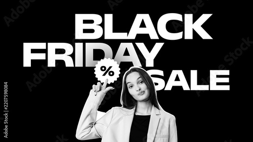 Black Friday sale promotions with a shopper posing and discount text displayed prominently