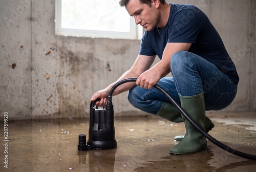 Man Operating Submersible Water Pump in Flooded Basement for Flood Cleanup