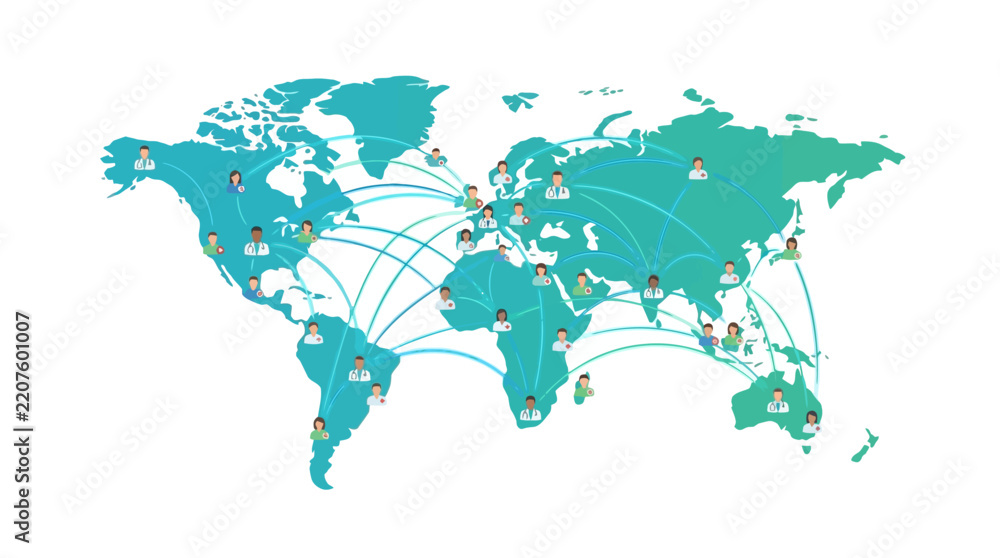 Fototapeta premium Global healthcare network of medical professionals connecting across world map flat vector illustration.