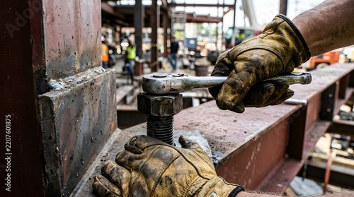 Macro Shot of Worker Hands Tightening Threaded Bolt on Industrial Metal Foundation