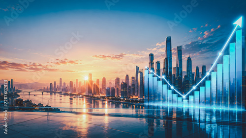 Futuristic city skyline at sunrise with glowing financial bar chart and rising arrow, representing business growth, market performance, investment trends, economic recovery and strategic progress.