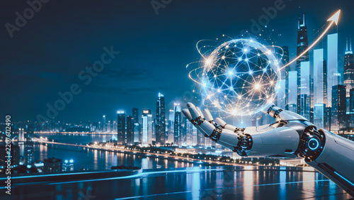 Robotic hand holding a glowing digital globe above a futuristic city with rising chart, illustrating artificial intelligence, global technology, data networks, innovation and business growth.