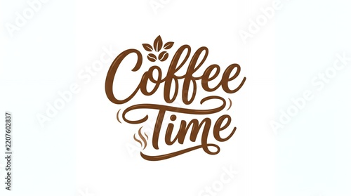 Brown Elegant Handwritten Coffee Time Typography with Coffee Beans and Steam Illustration on White Background