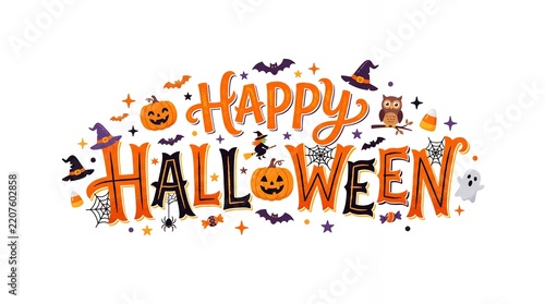 Colorful Happy Halloween Text and Spooky Elements Arranged on Clean White Background