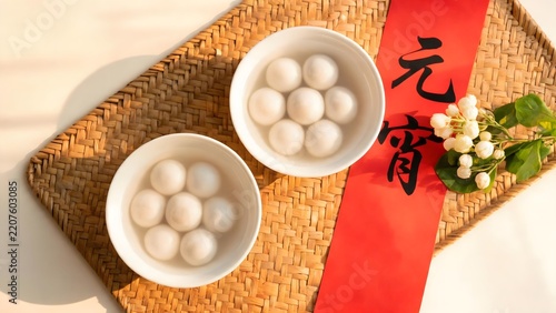 Two bowls of white round dumplings on a woven mat