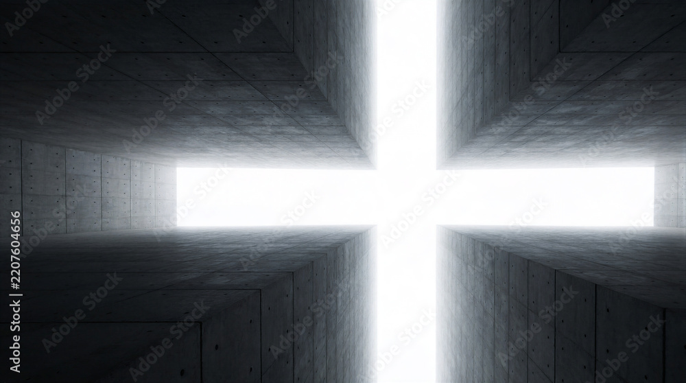 Fototapeta premium Brutalist architecture featuring a geometric cross shaped lightwell piercing through a massive solid concrete monolith
