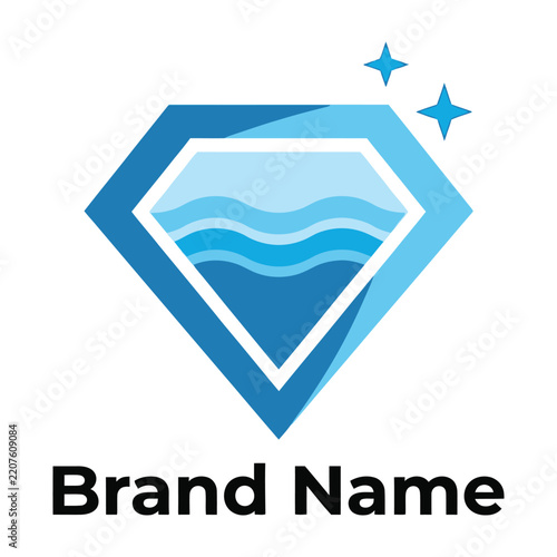 Blue diamond logo with sparkling stars and ocean waves design element brand identity