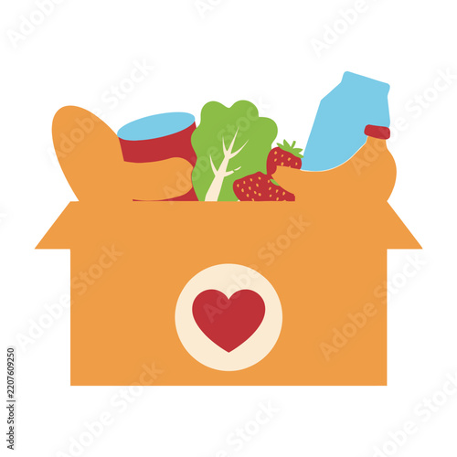 Food donation box with heart symbol and fresh produce inside carton