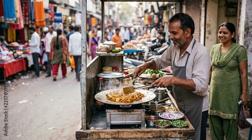 indian street food vendor preparing snacks at busy market stall,traditional street food