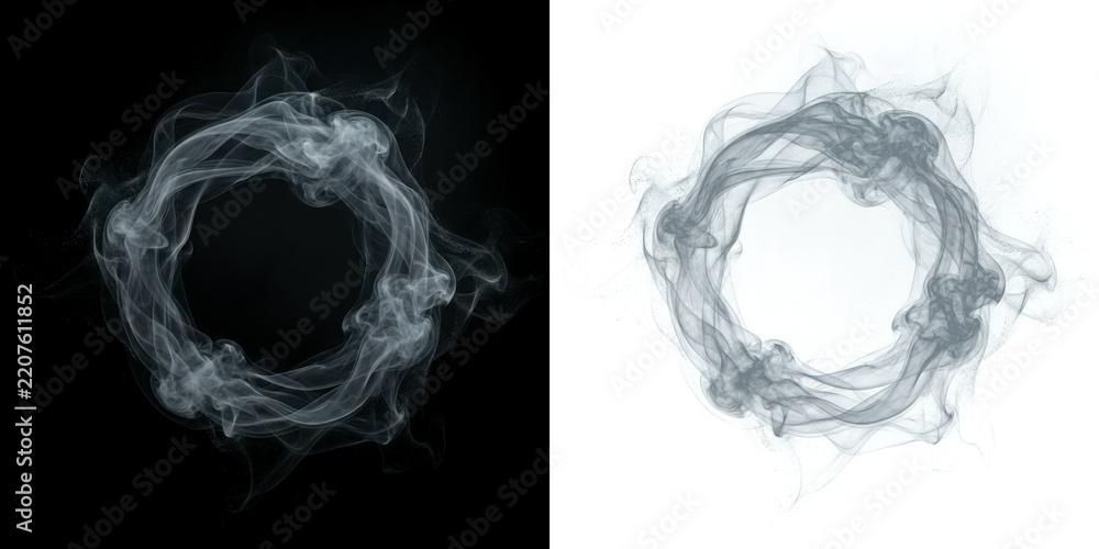 Naklejka premium Abstract smoke ring swirling in a circular motion, ethereal wisps of white vapor forming a hollow circle shape isolated on transparent background
