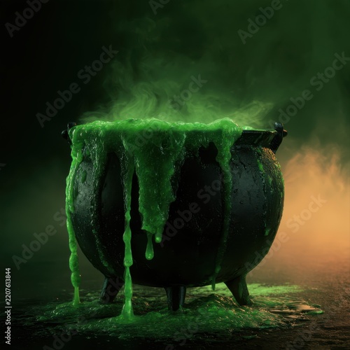 Black Cauldron Overflowing With Dripping Toxic Green Slime And Smoke. AI Generated Image